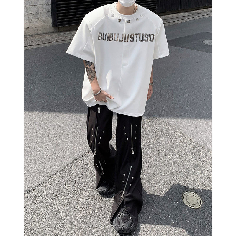 美式高街vibe垫肩T恤设计感金属亮面印花短袖高级感柳钉装饰半袖,男装,时尚防晒服,淘宝优惠券,粉丝福利购,淘宝优惠卷