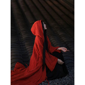 风衣 织花针织中长款 针织斜襟连帽外套秋款 重磅复古红色斗篷男个性