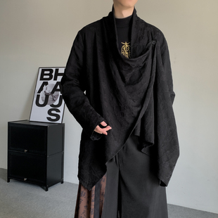 纯黑色堆堆领不规则衬衫男高级感山本风新中式男装国风汉服衬衣