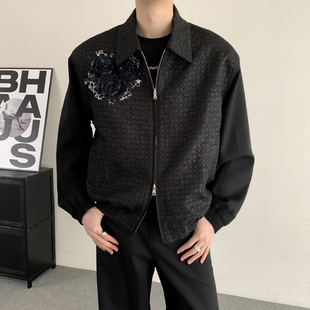 小众高级感立体玫瑰垫肩外套男大码 肌理感翻领夹克宽松廓形情侣装
