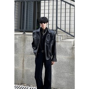 可垫肩皮夹克复古纯色短款PU皮机车外套DY198-P80网图西裤-P35