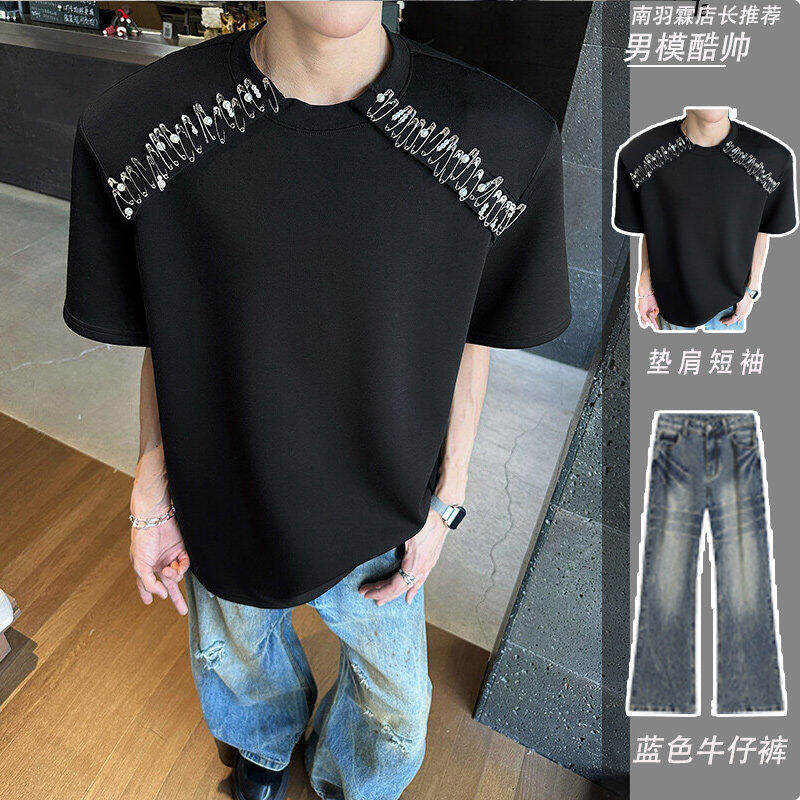 男模穿搭套装高级感垫肩t恤男款痞帅五分袖美式高街cleanfit短袖,男装,休闲运动套装,淘宝优惠券,粉丝福利购,淘宝优惠卷