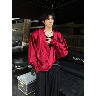 酒红色不规则V领垫肩衬衫男模穿搭高级感衬衣大码老钱风上衣男款