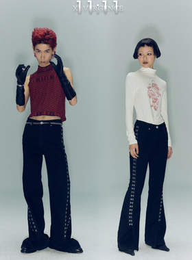 XI.VERGENCE“檀健次”“小鬼”同款黑色金属挂钩喇叭牛仔裤