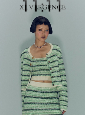 XI.VERGENCE新绿色轻奢小香风编织开衫吊背半裙针织套装