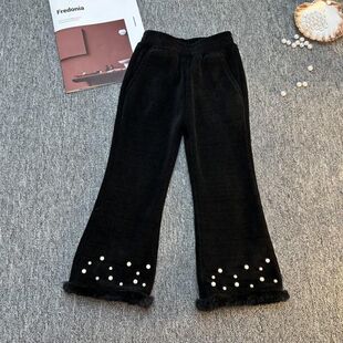 女童喇叭裤中大童百搭冬季洋气时髦儿童加厚加绒一体绒毛边休闲裤
