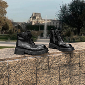 2025新款 复古擦色粗跟系带马丁靴水洗马皮侧拉链英伦风平跟短靴女