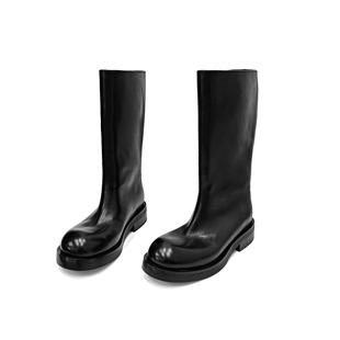 2025新款秋冬水洗马皮厚底中筒靴时尚直筒英伦风一脚蹬时装靴女