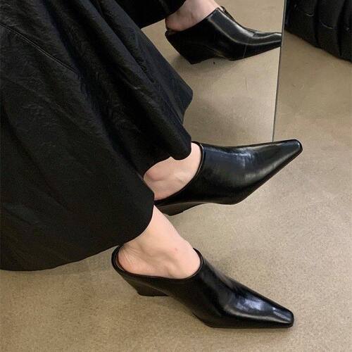 软皮尖头方头坡跟穆勒懒人拖