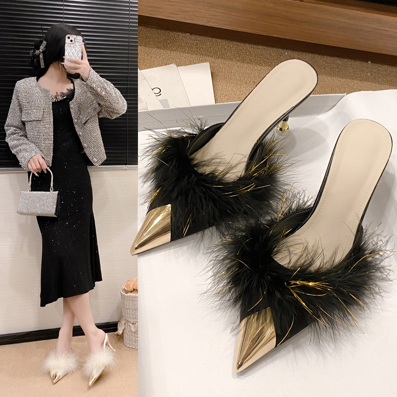 34-45大码女鞋44包头毛毛半拖鞋女43性感细跟设计凉拖42高跟凉鞋