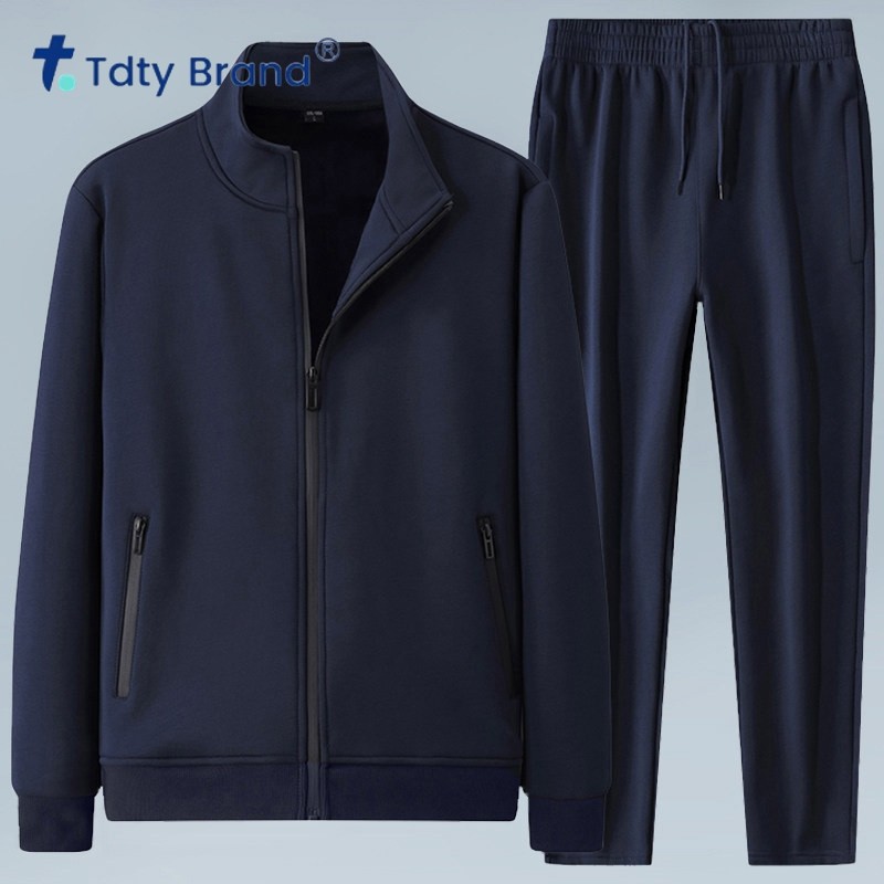 新款加绒加厚休闲套装男士秋冬保暖立领外套中年运动服跑步两件套