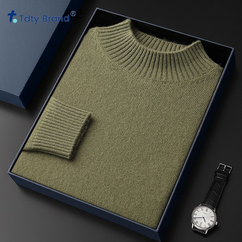 秋冬新款双股加厚半高领羊毛衫男纯色打底针织宽松保暖羊绒毛衣
