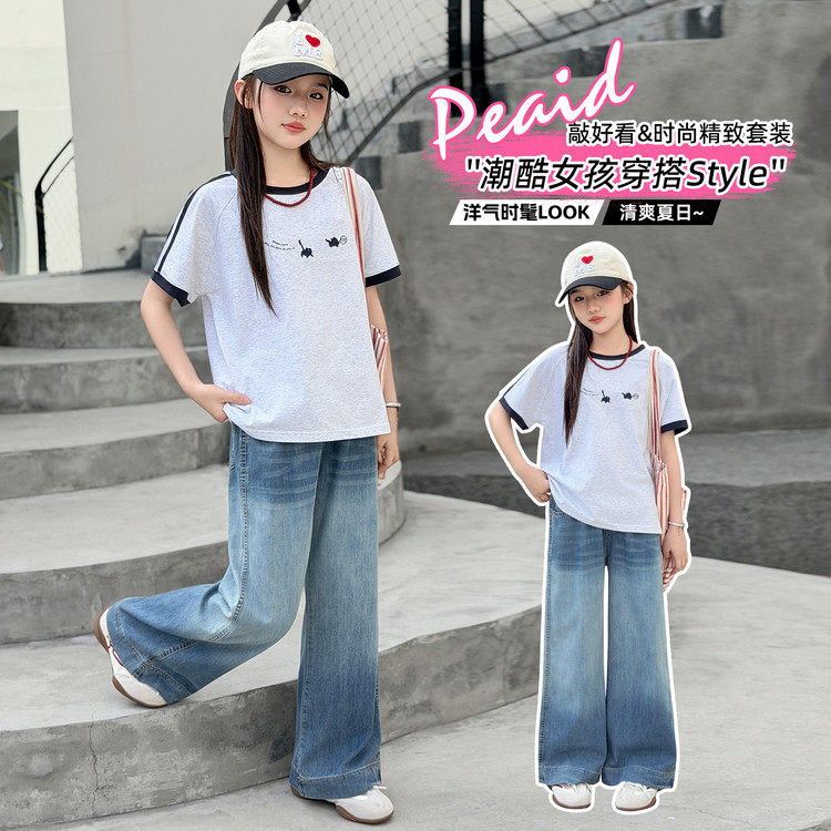 女童短袖套装夏季韩版女孩T恤牛仔裤两件套中大童薄款休闲童装潮