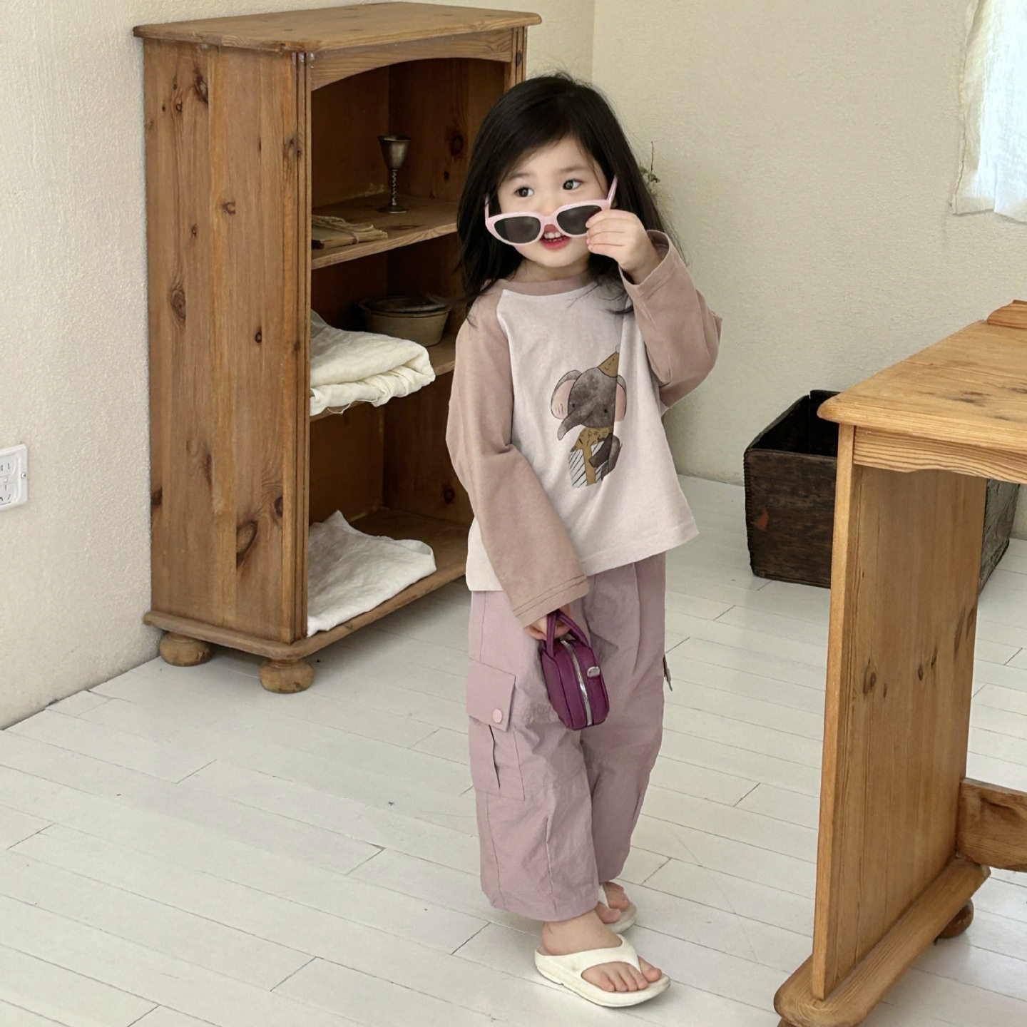 2026春季新款童装 韩版童装 女童卡通拼色长袖T恤 儿童长袖T恤