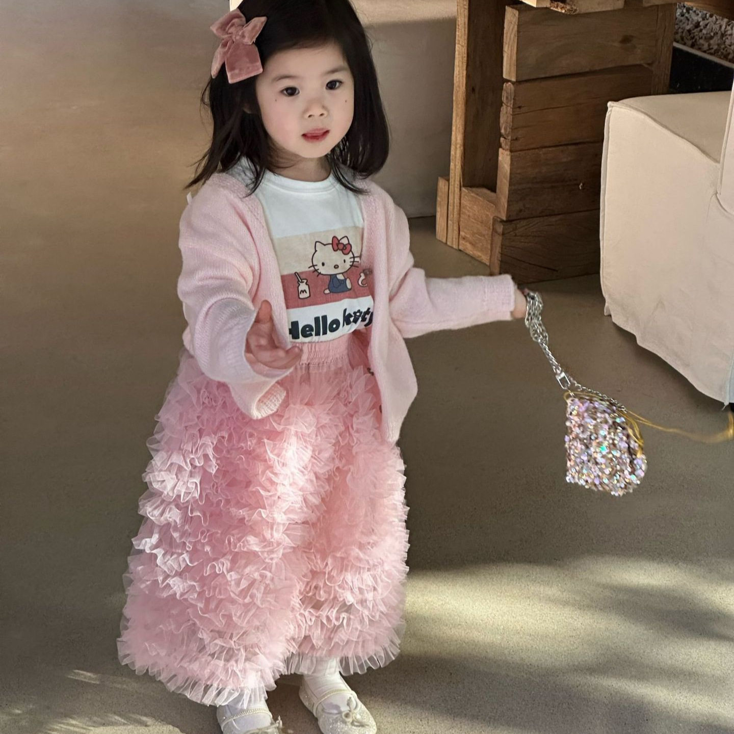 2026春季新款童装 韩版童装 女童薄款粉色针织开衫 儿童春款毛衣