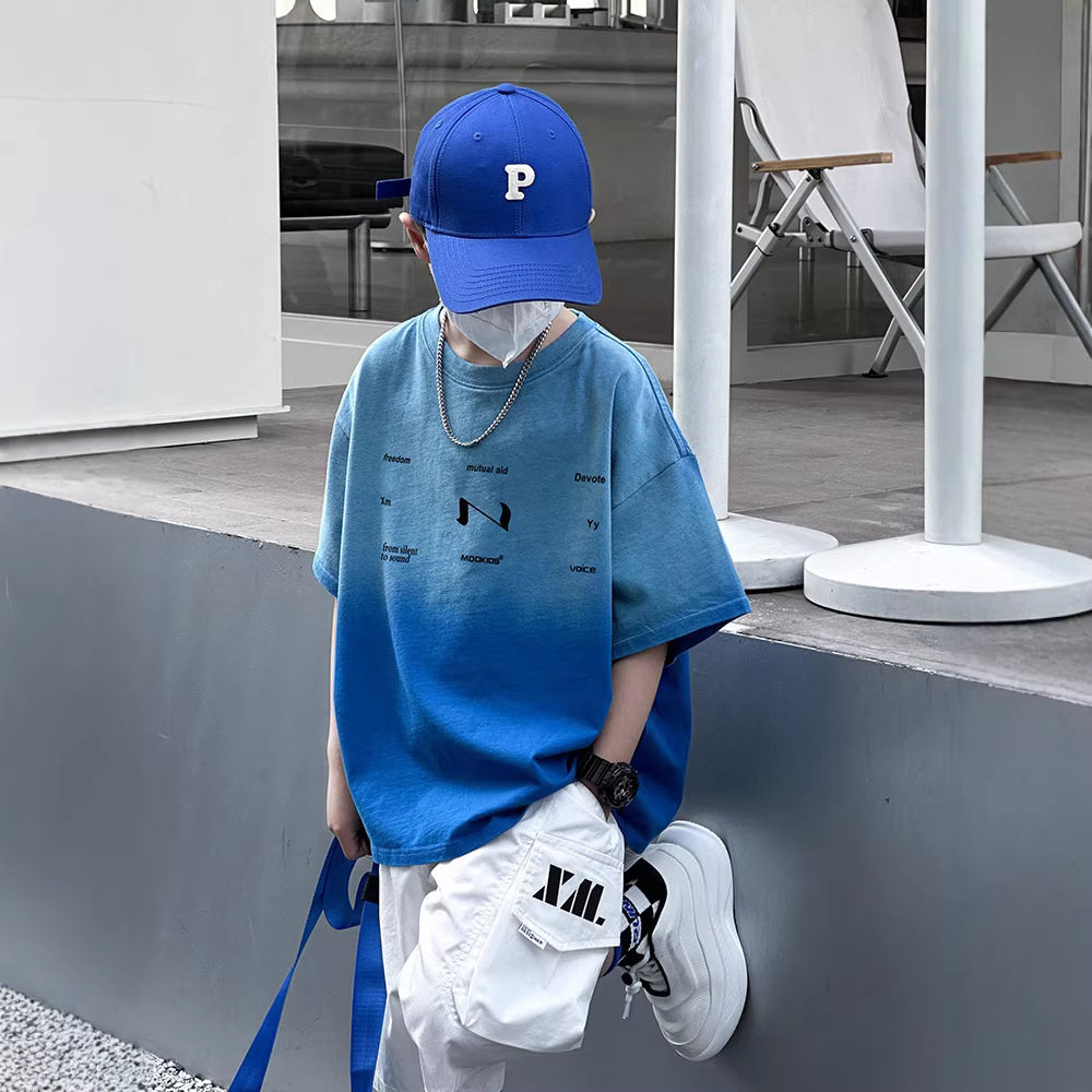 男童短袖t恤纯棉夏季2026新款儿童夏装男孩套装大童炸街痞帅上衣
