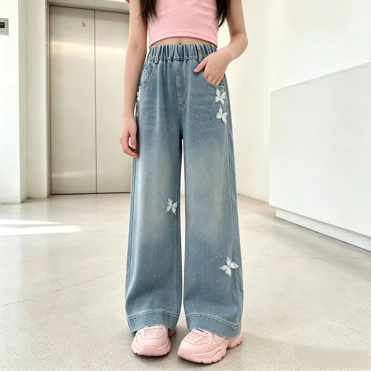 女童牛仔裤春秋款女大童网红炸街