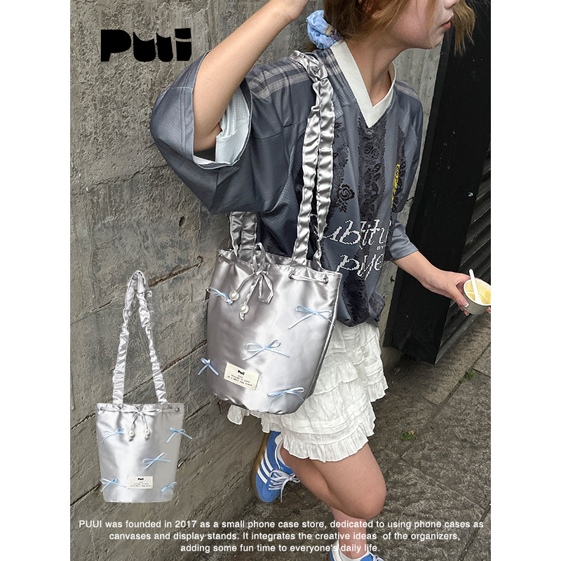 puui原创生活单肩包银色手提包可爱蝴蝶结手拎包通勤水桶包ins女