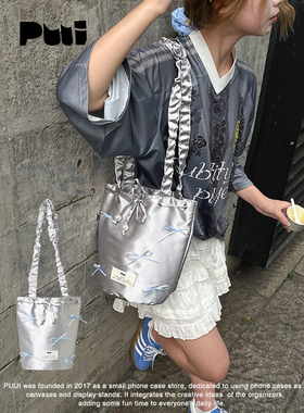 puui原创生活单肩包银色手提包可爱蝴蝶结手拎包通勤水桶包ins女