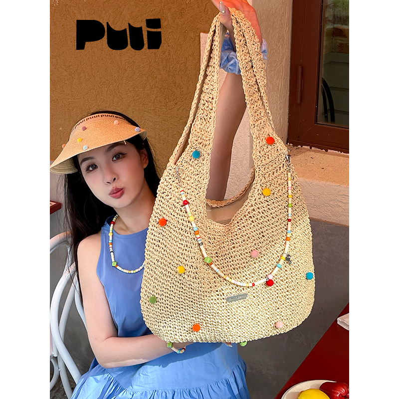 puui原创生活夏日彩色大容量草编包海滩度假编织包小众ins单肩包