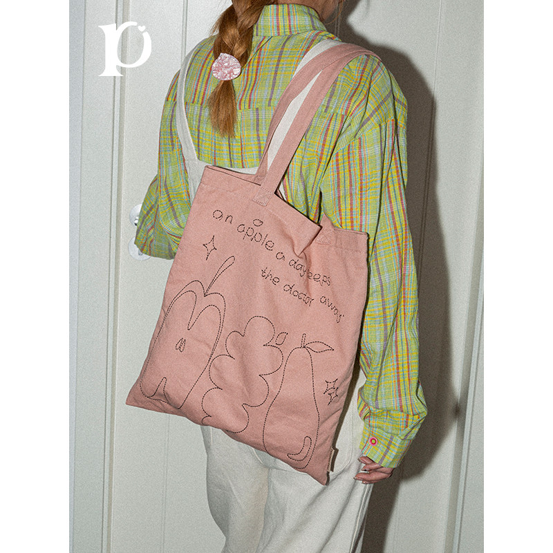 puui原创生活春夏大容量单肩手提包帆布粉色刺绣通勤大学生帆布包