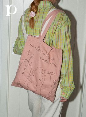 puui原创生活春夏大容量单肩手提包帆布粉色刺绣通勤大学生帆布包