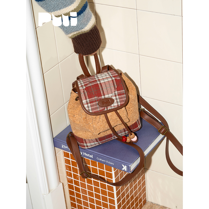 puui原创生活双肩包复古木纹抽绳束口包学院风ins翻盖背包手提包