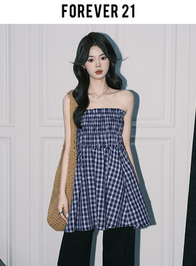 Forever21氛围感蓝色格纹抹胸背心裙女2025新款两穿A字半身伞裙子