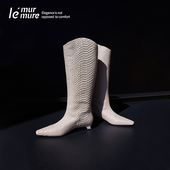 蛇纹低跟骑士靴真皮尖头气质长靴高筒靴 新款 Murmure 冬季