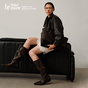 Le' Murmure 流动诗学 冬季新款油蜡牛皮长筒靴内增高环绕式马靴