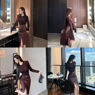 SX善喜高腰金扣PU皮修身包臀半裙女前开叉性感气质半身裙女神皮裙