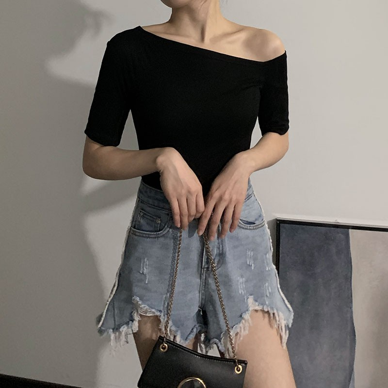 黑色露肩短袖t恤女夏季24