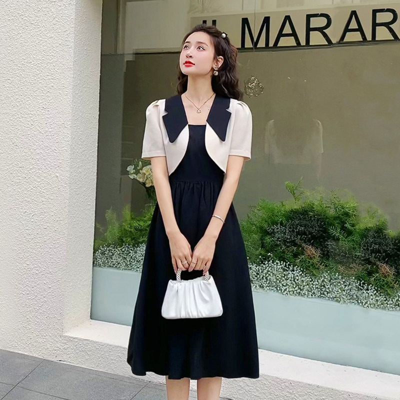 夏季两件套装高级感遮肉显瘦黑色长款吊带连衣裙女搭配短外套通勤