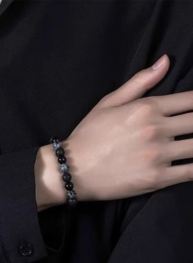 复古黑色串珠黑曜石手链潮流酷小众个性男士高级感手饰