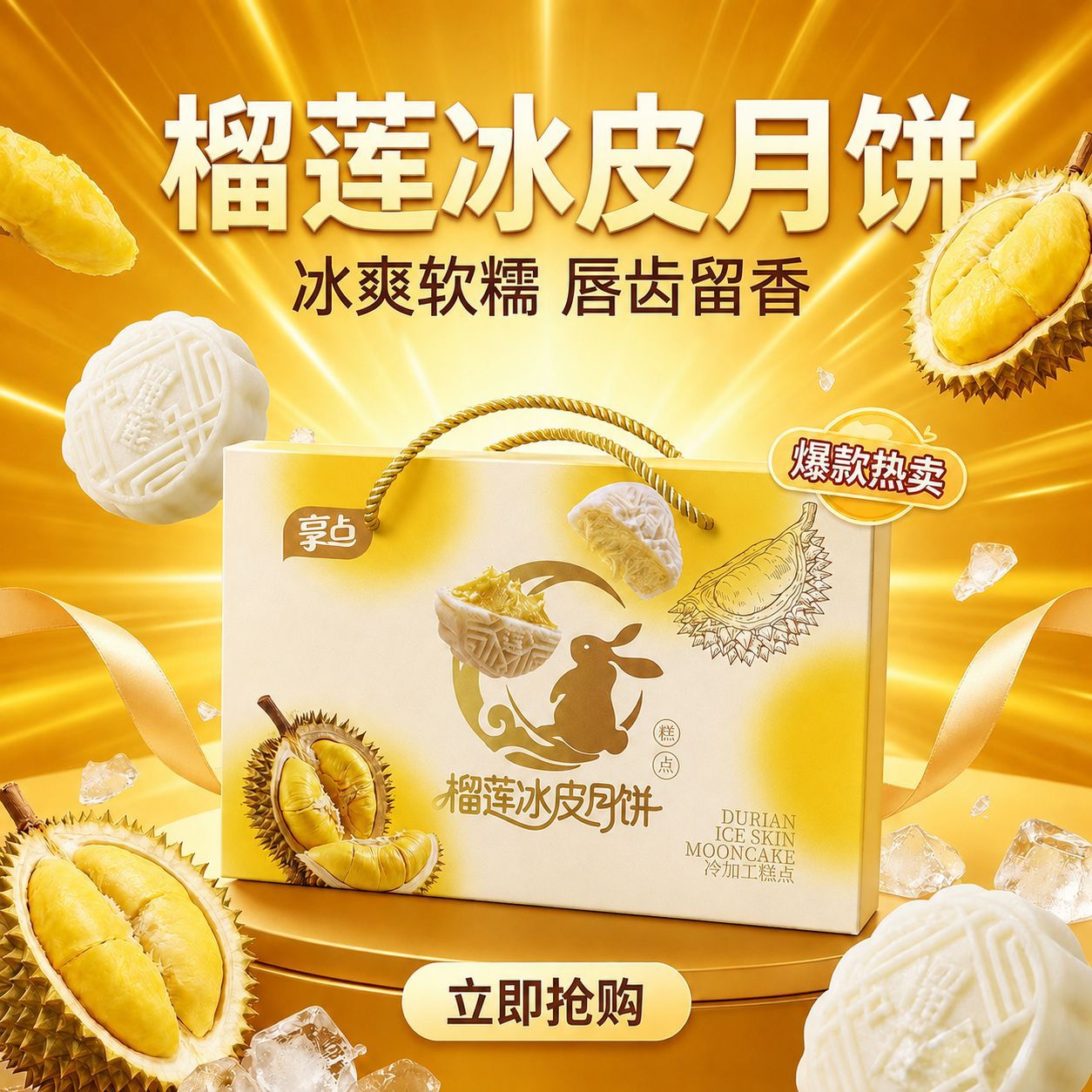 榴莲冰皮月饼爆浆夹心中秋礼盒