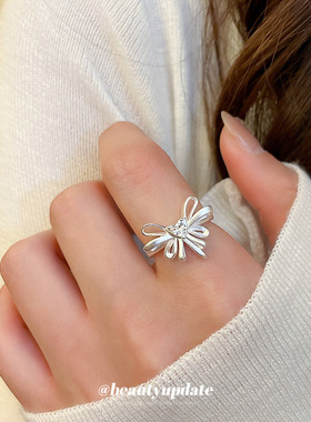 韩系ins锆石蝴蝶结开口戒指小众