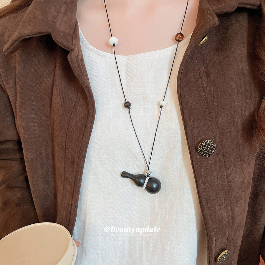 复古水晶串珠木头葫芦珍珠吊坠项链民族风锁骨链小众设计感毛衣链