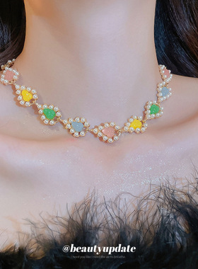 复古多巴胺彩色树脂爱心珍珠项链