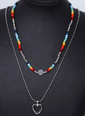 韩版彩色珠子笑脸爱心双层叠戴吊