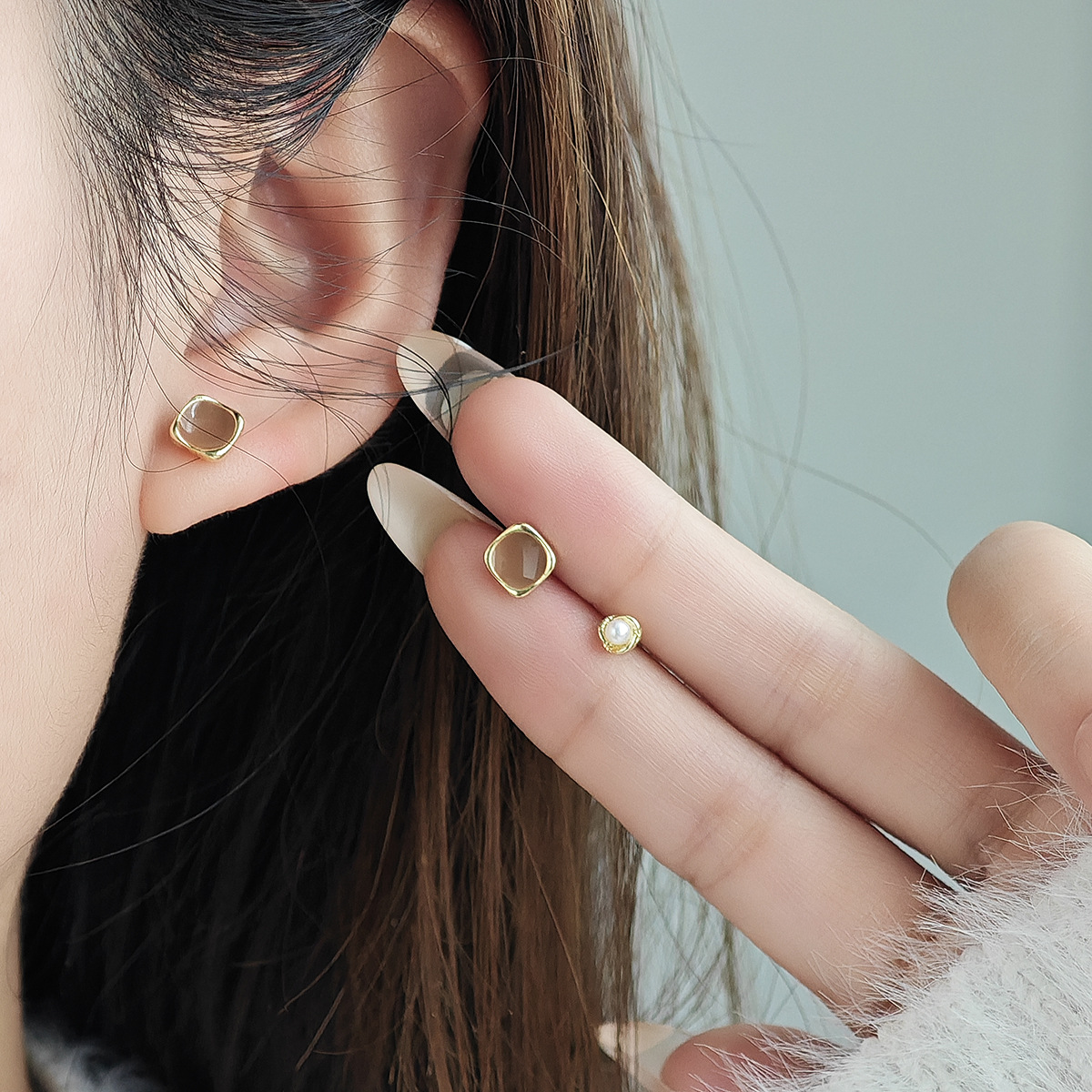 银针复古港风几何琥珀色虎眼石耳钉小巧精致美拉德高级感耳饰套装