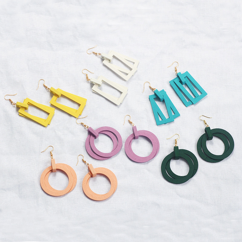 E299韩版冷淡风木质几何耳钉简