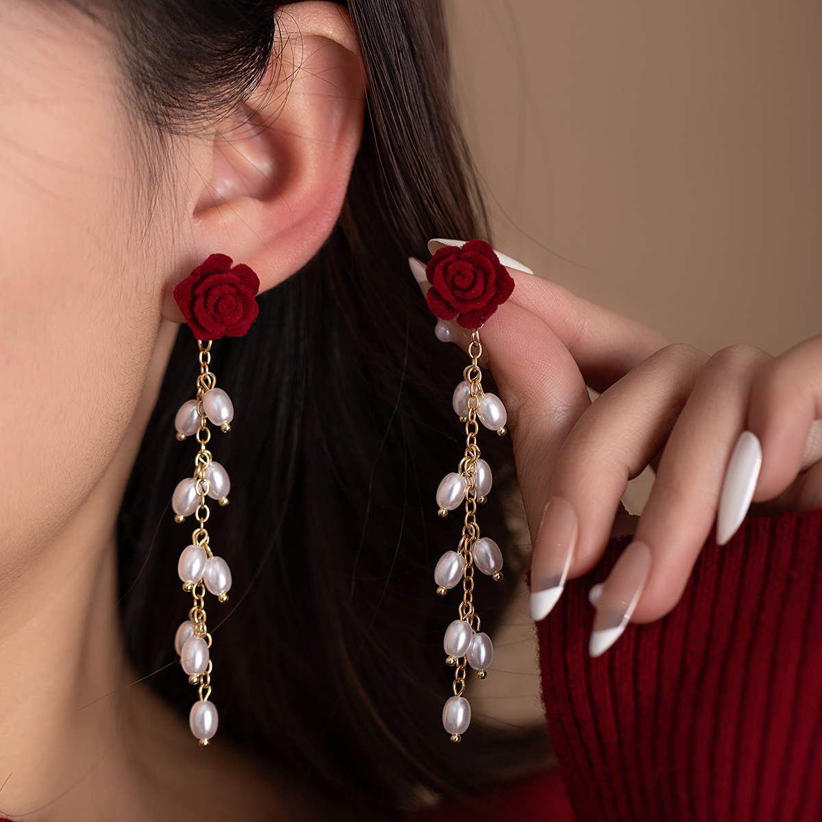 银针新年喜庆安可拉红丝绒蝴蝶结女耳环气质甜美花朵长款流苏耳坠