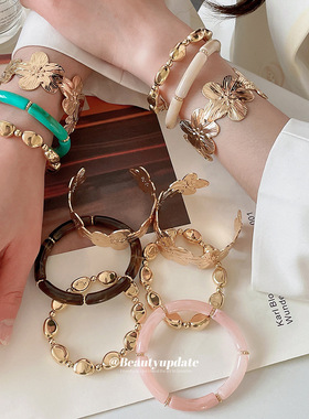 欧美跨境金属风几何花朵手镯套装