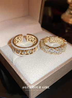 珍珠镂空方形锆石开口戒指欧美金