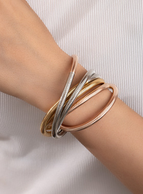 欧美跨境夸张个性重工手镯 简约冷淡风多层缠绕线条弹簧手链
