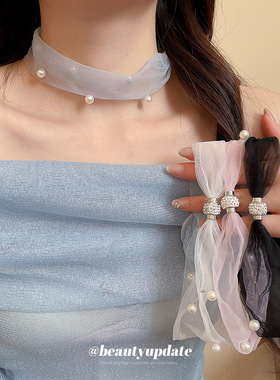 镶钻网纱磁吸珍珠项链精致优雅小