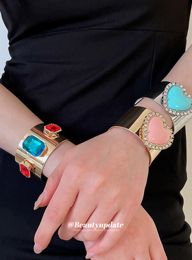 欧美跨境金属镶钻爱心开口手镯个