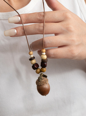 复古森系文艺风长款木质橡果项链