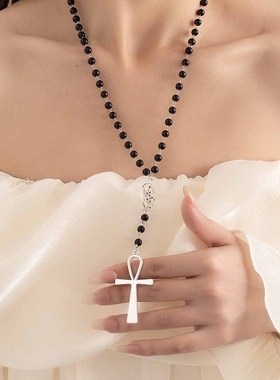 复古十字架吊坠黑珠项链甜酷风高