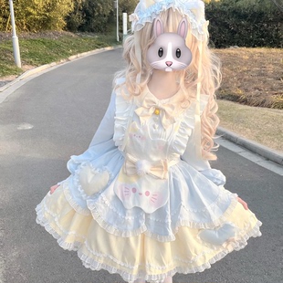甜茶少女甜美可爱长袖Lolita洛丽塔蕾丝蓬蓬连衣裙蝴蝶结小猫围裙